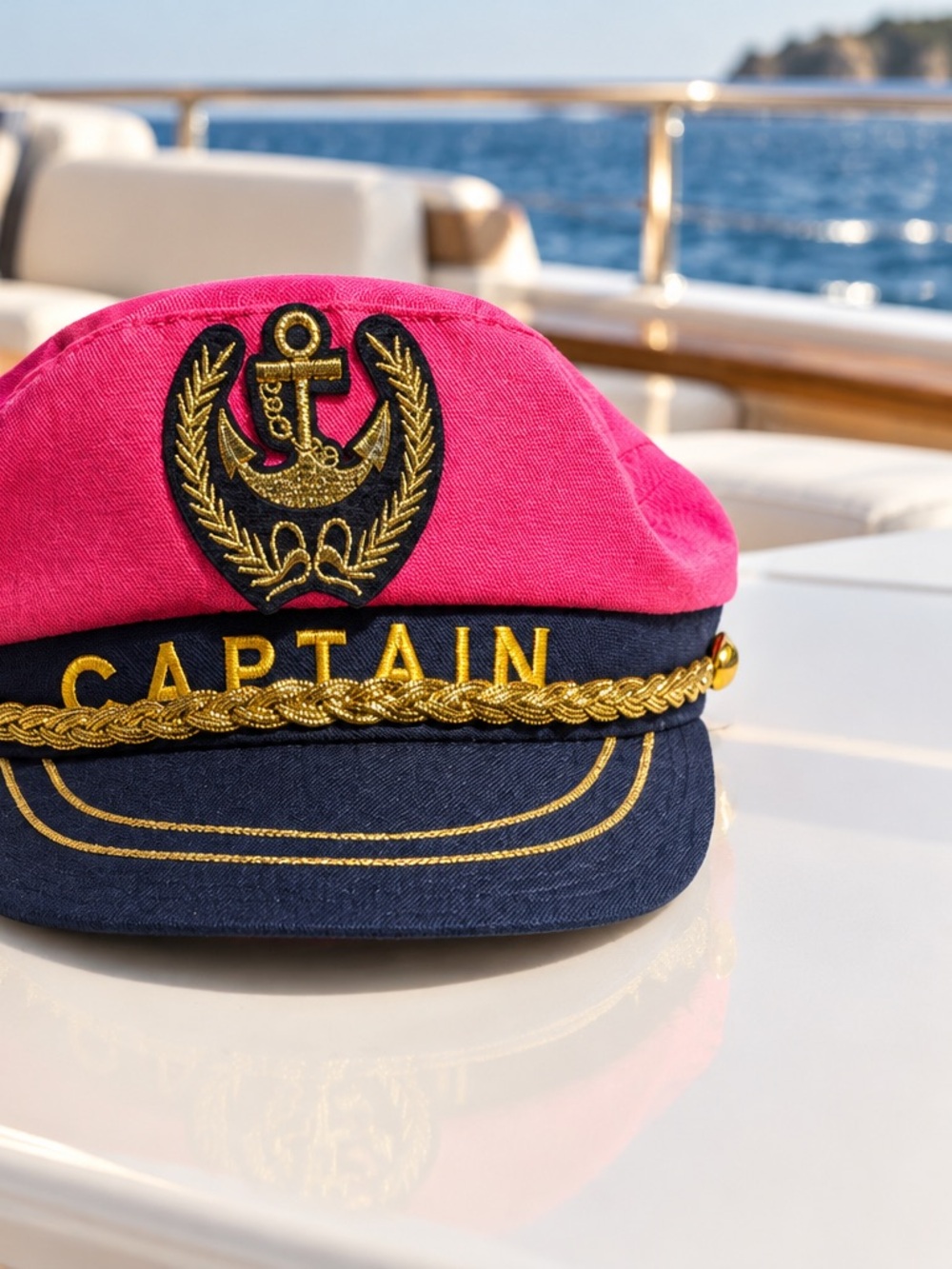 Hot Pink & Navy Blue Embroidered Yacht Captain Hat Costume Accessory